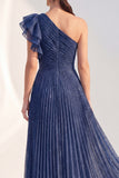 Sparkly One Shoulder Navy A Line Pleated Mother of the Bride Dress