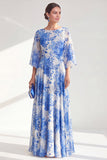 Blue Printed A Line Maxi Mother of the Bride Dress with 3/4 Sleeves