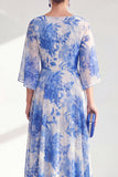 Blue Printed A Line Maxi Mother of the Bride Dress with 3/4 Sleeves