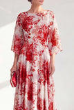 Blue Printed A Line Maxi Mother of the Bride Dress with 3/4 Sleeves