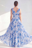 Blue Printed A Line V Neck Mother of the Bride Dress