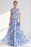 Blue Printed A Line V Neck Mother of the Bride Dress