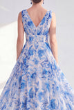 Blue Printed A Line V Neck Mother of the Bride Dress