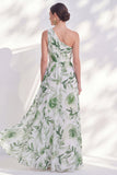 Green One Shoulder Printed Ruched A Line Mother of the Bride Dress