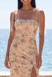 Sequin Floral Sheath Champagne Wedding Guest Dress with Slit