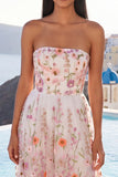 Strapless A Line Pink Floral Wedding Guest Dress
