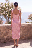 Square Neck Sequin Pink 3D Flower Midi Wedding Guest Dress
