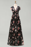 Floral Black V-Neck Wedding Guest Dress with Twist Front