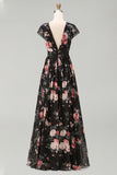 Floral Black V-Neck Wedding Guest Dress with Twist Front