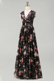Floral Black V-Neck Wedding Guest Dress with Twist Front