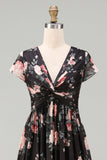Floral Black V-Neck Wedding Guest Dress with Twist Front