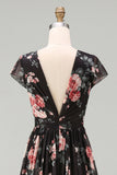 Floral Black V-Neck Wedding Guest Dress with Twist Front