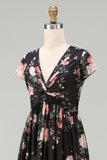 Floral Black V-Neck Wedding Guest Dress with Twist Front