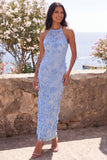 Halter Sheath Blue Floral Wedding Guest Dress