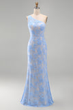 One Shoulder Blue Floral Mermaid Wedding Guest Dress