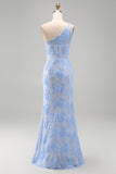 One Shoulder Blue Floral Mermaid Wedding Guest Dress