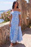Off the Shoulder Blue Floral A Line Wedding Guest Dress
