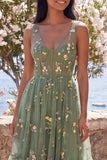 Corset Dusty Sage Embroidered A Line Wedding Guest Dress