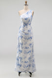One Shoulder Blue Floral Wedding Guest Dress with Side Streamer