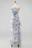 One Shoulder Blue Floral Wedding Guest Dress with Side Streamer