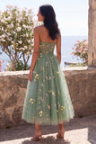 Strapless Dusty Sage A Line Embroidered Floral Midi Dress