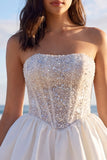 Strapless Corset Beaded A Line Mini White Dress with Rhinestones