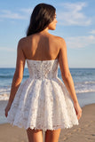 Strapless Lace Floral Corset A Line Mini White Dress