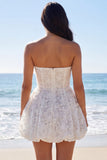 Floral Strapless Corset A Line Mini White Dress