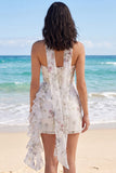 Strapless Floral Bodycon Mini White Dress with Ruffles
