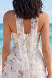 Strapless Floral Bodycon Mini White Dress with Ruffles