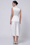 2 Piece Ivory Peaked Lapel Satin A Line Midi Work Dress