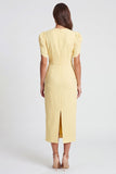 Light Yellow Ruched Bodycon Midi Work Dress with Short Sleeves