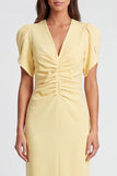 Light Yellow Ruched Bodycon Midi Work Dress with Short Sleeves