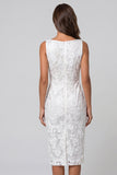 Bateau Neck Floral Ruched Ivory Bodycon Midi Work Dress