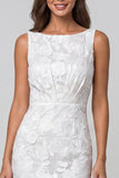 Bateau Neck Floral Ruched Ivory Bodycon Midi Work Dress
