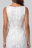 Bateau Neck Floral Ruched Ivory Bodycon Midi Work Dress