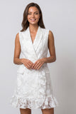 Shawl Lapel Ivory Floral Bodycon Mini Work Dress with Ruffles