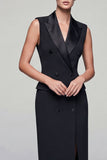 Peaked Lapel Black Bodycon Midi Work Dress with Slit