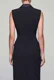 Peaked Lapel Black Bodycon Midi Work Dress with Slit