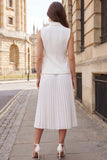 2 Piece Peaked Lapel Ivory A Line Pleated Midi Work Dress