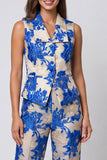 Shawl Lapel 2 Piece Blue Floral Sleeveless Women's Suits