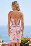 Floral Strapless Pink Sequin Corset Mini Homecoming Dress