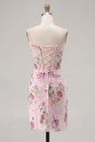 Floral Strapless Pink Sequin Corset Mini Homecoming Dress
