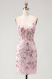 Floral Corset Pink Embroidered Bodycon Mini Homecoming Dress