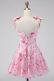 Floral Pink Sequin A Line Corset Homecoming Dress with Bows