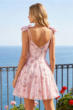 Floral Pink Sequin A Line Corset Homecoming Dress with Bows