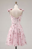Floral Pink Sequin A Line Corset Homecoming Dress with Bows