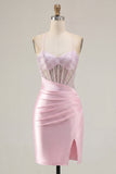 Beaded Pink Ruched Corset Satin Homecoming Dress with Slit