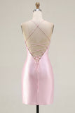 Beaded Pink Ruched Corset Satin Homecoming Dress with Slit