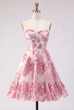 Pink Floral Strapless Corset A Line Homecoming Dress with Ruffles